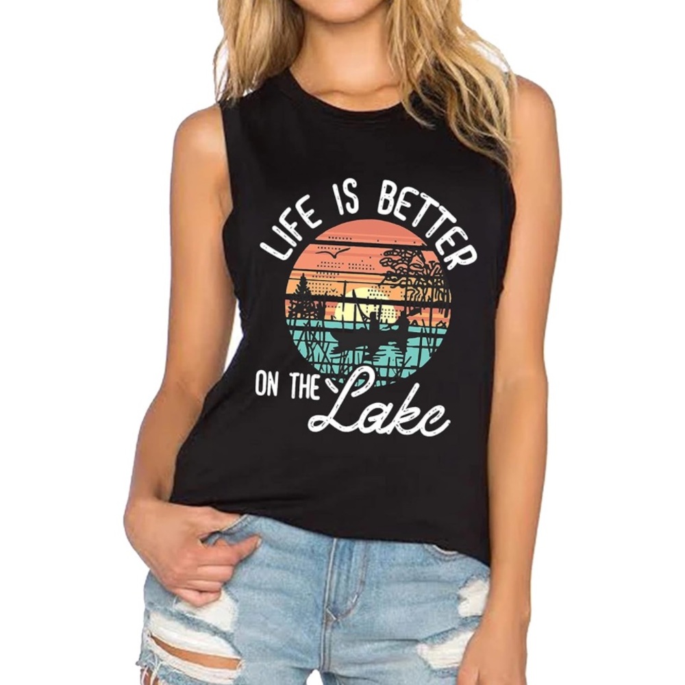 💕 Graphic Shirt Life Is Better On The Lake Sleeveless Tank Women’s Small